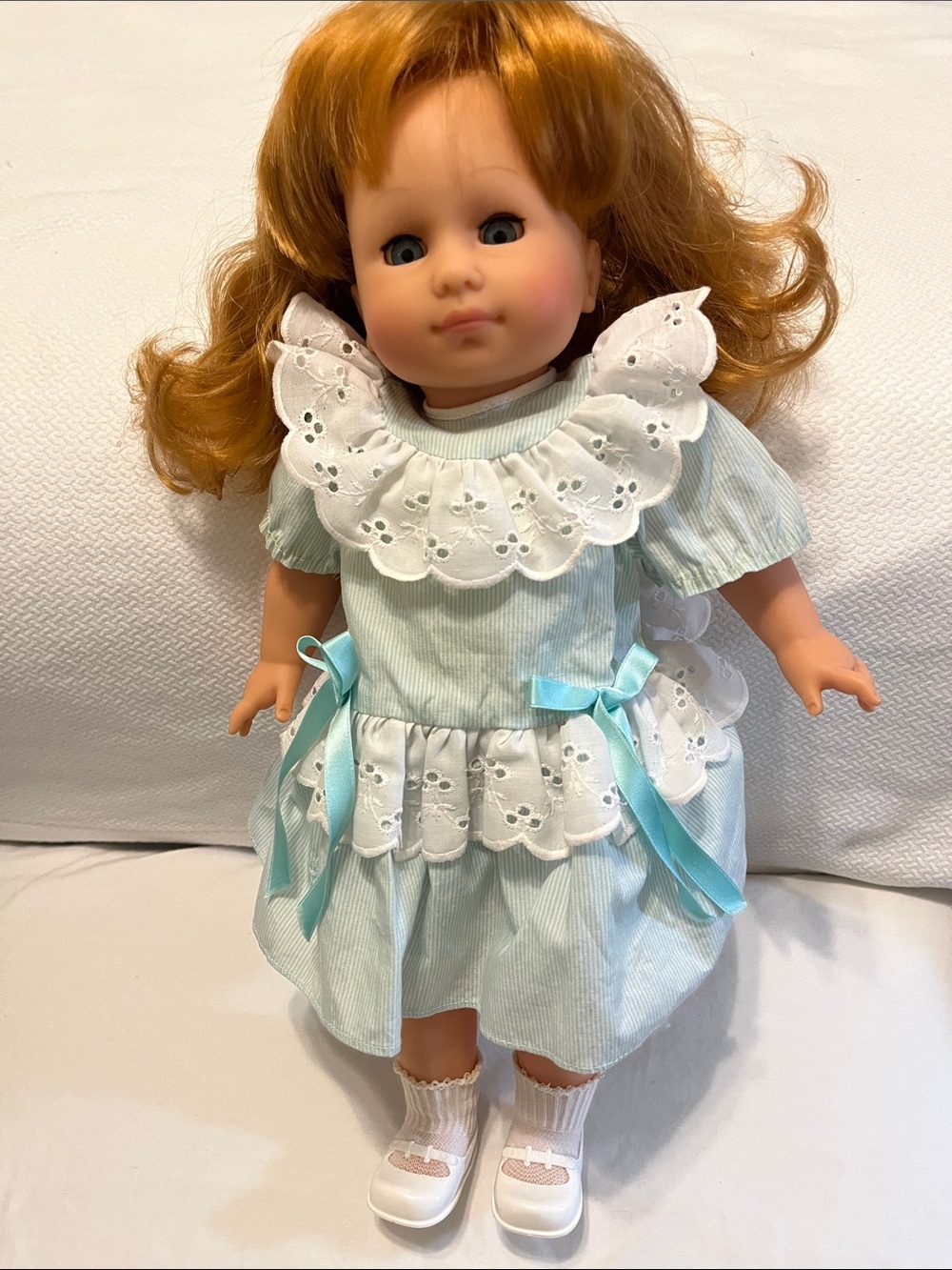 Vintage GOTZ Puppe Doll in Light Aqua/mint green Dress with White Eyelet Lace